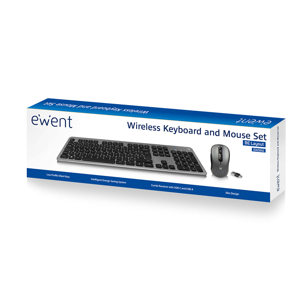 Bediening Muis/toetsenbord draadloos Ewent USB-C/USB-A, Low-profile toetsen, Azerty - IT-Nerd Computer