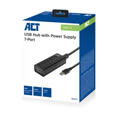 ACT USB Hub 3.2, 7x USB-A, met stroomadapter, zwart