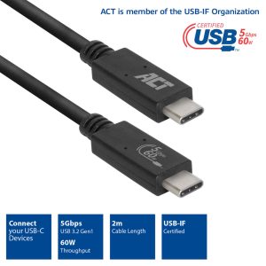 ACT USB 3.2 Gen1 aansluitkabel C male - C male 2 meter 60w