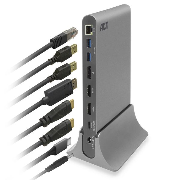 Docking Station ACT USB-C 3 monitoren HDMI, DisplayPort, met ethernet, USB hub, cardreader en audio