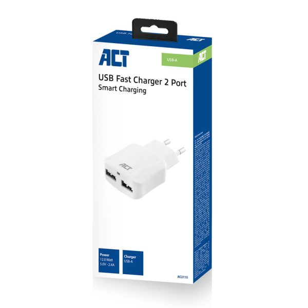 ACT USB lader, 2-poorts, 2,4A, 12W, Smart IC