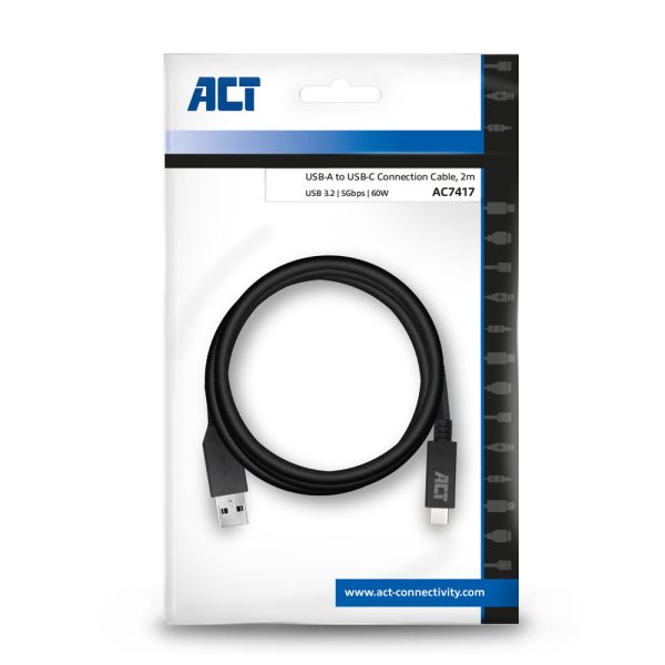 Kabel ACT USB 3.2 Gen1 aansluitkabel A male - C male 2m 60w