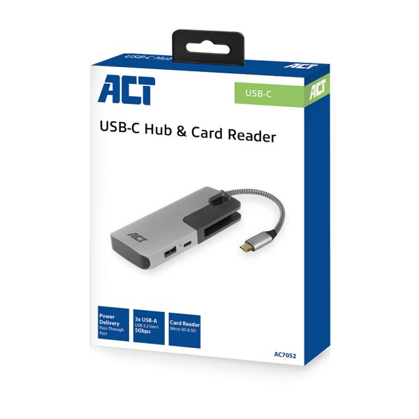 USB hub ACT USB-C 3.0, 3 poorts, cardreader, PD pass-through
