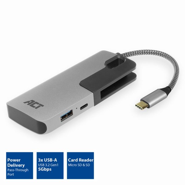 USB hub ACT USB-C 3.0, 3 poorts, cardreader, PD pass-through